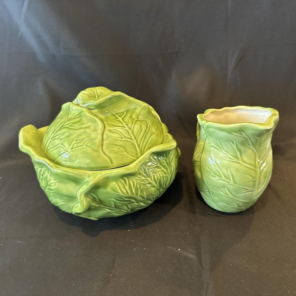 Vintage Holland Mold Ceramic Cabbage Lettuce Serving BowlW/ Lid Creamer  3pc Set